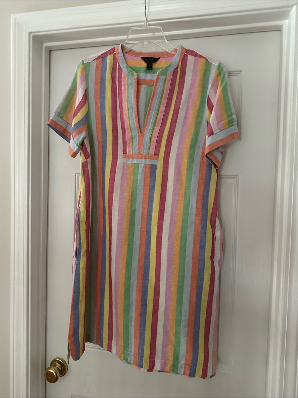 Multicolor Vertical Stripe Short Sleeve Tunic Dress